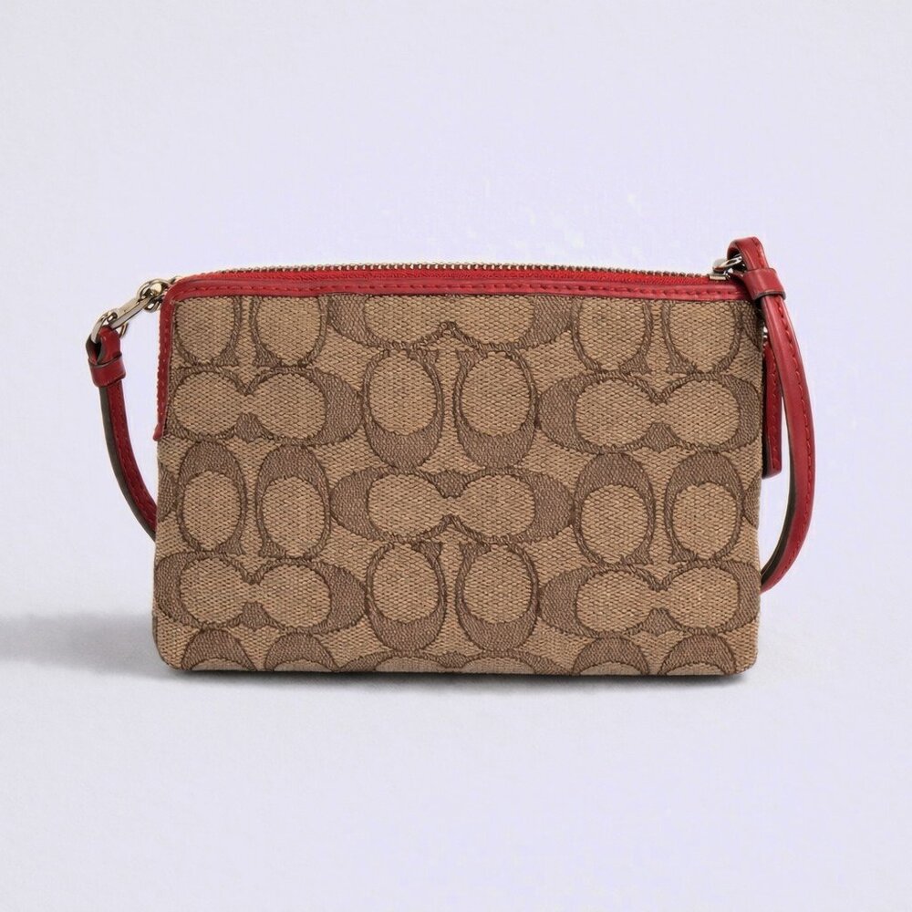 Coach Signature Canvas Wristlet Khaki Miami Red Zip Pouch Mini Bag F1580 EUC - Picture 5 of 8